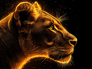 A majestic lioness profile illuminated with a golden glow against a dark background.