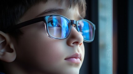 Close-up of a Boy Wearing Glasses and Looking Out a Window