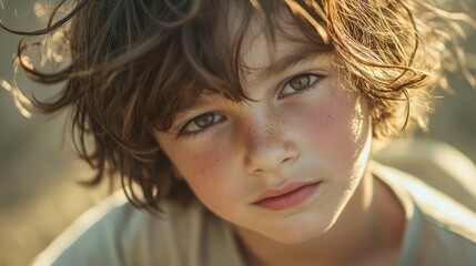 Fototapeta premium Close-up Portrait of a Young Boy with Windblown Hair and Freckles