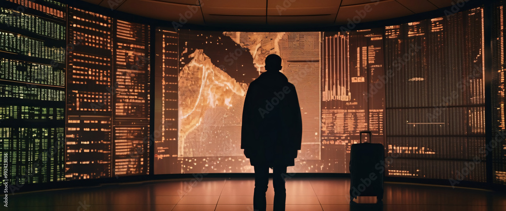 Poster a silhouette of a person standing in front of a giant digital screen with a flow of data showing sto