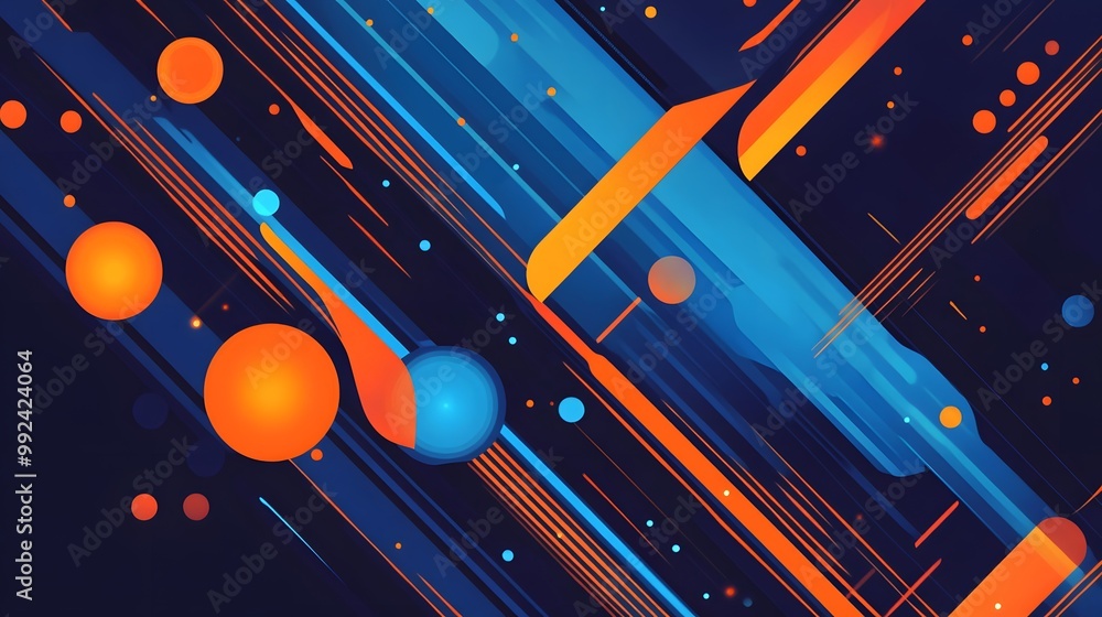 Poster global minimal geometric background. dynamic blue shapes composition with orange lines. abstract bac