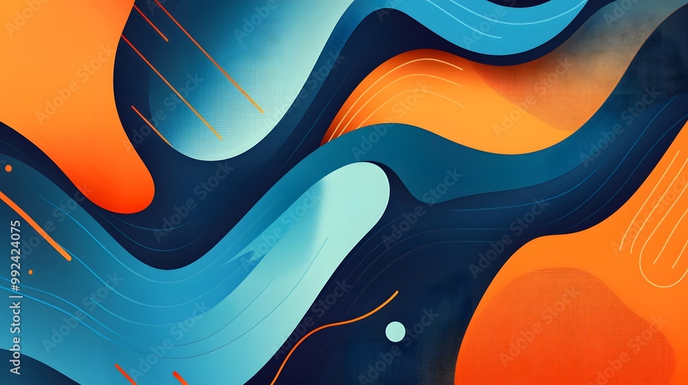 Poster global minimal geometric background. dynamic blue shapes composition with orange lines. abstract bac