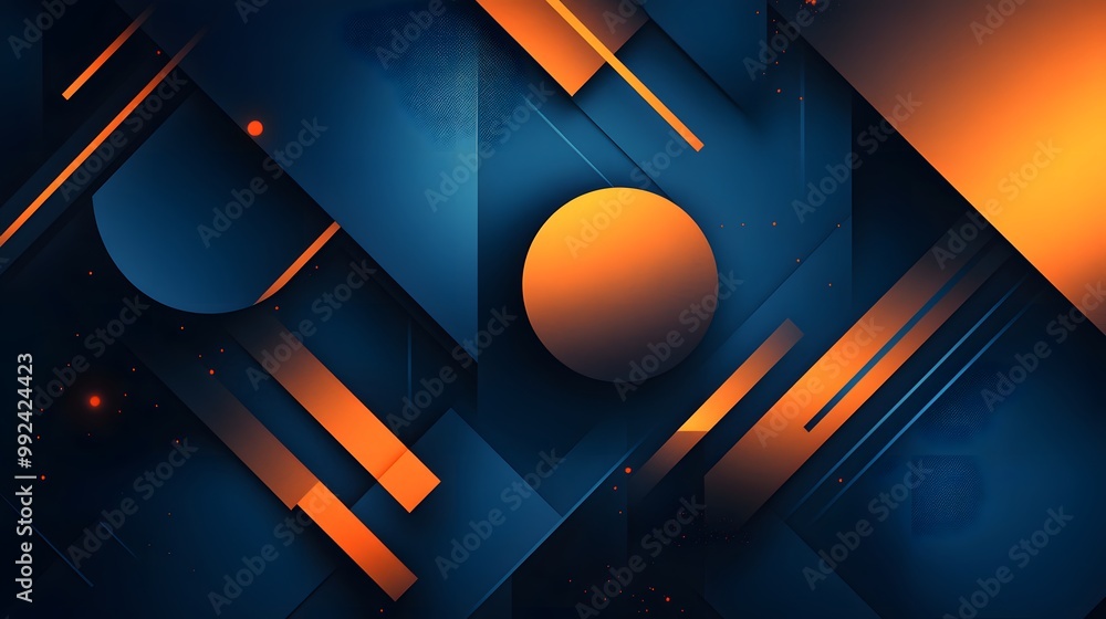 Poster global minimal geometric background. dynamic blue shapes composition with orange lines. abstract bac