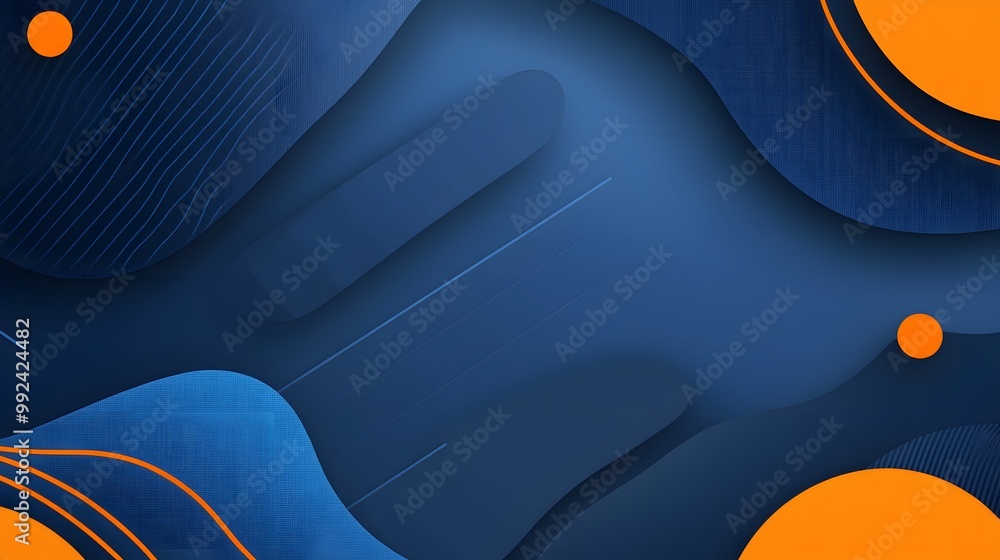 Poster global minimal geometric background. dynamic blue shapes composition with orange lines. abstract bac