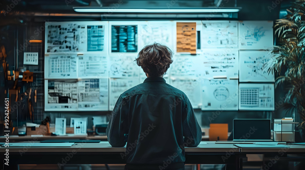 Poster a focused individual analyzing data and charts in a modern workspace, illuminated by ambient light.