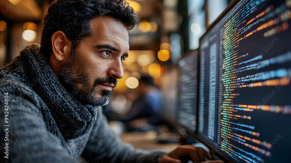 Poster focused man coding on computer screens in a modern workspace filled with warm lighting and a collabo