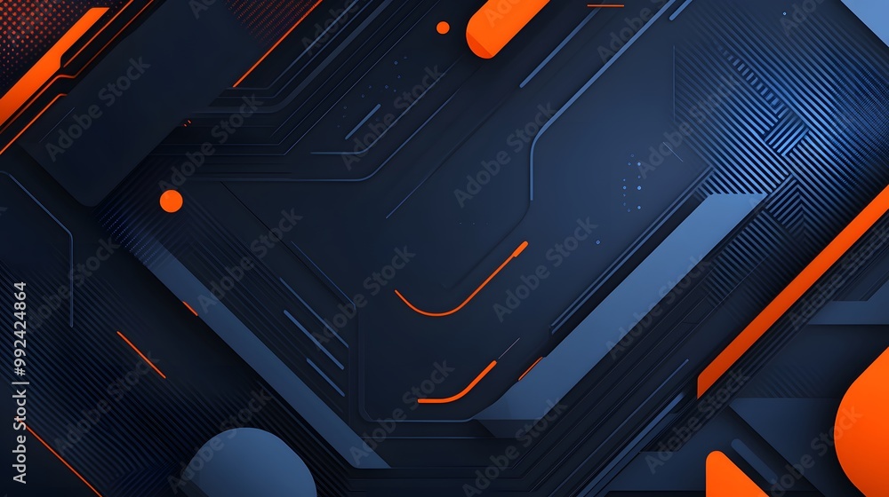 Poster global minimal geometric background. dynamic blue shapes composition with orange lines. abstract bac