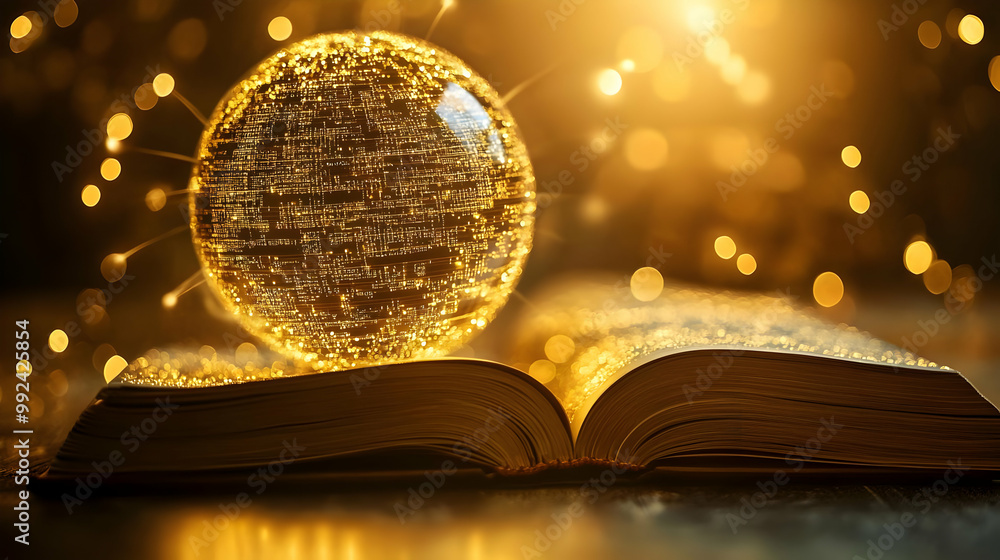Poster a glowing book with a luminous orb resting on it, surrounded by soft golden lights creating a magica