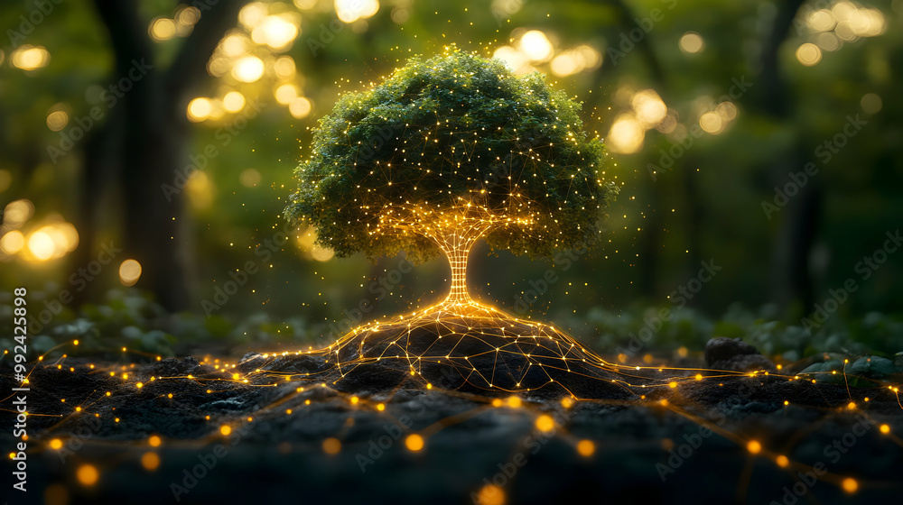 Poster a glowing tree with intricate light patterns in a serene forest setting, surrounded by nature's beau