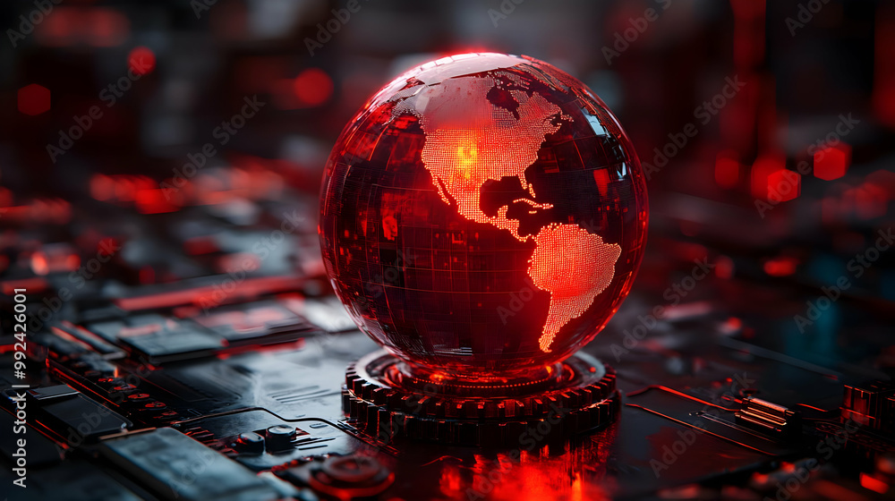 Poster red globe illuminated against a tech-inspired backdrop, representing a digitally connected world.
