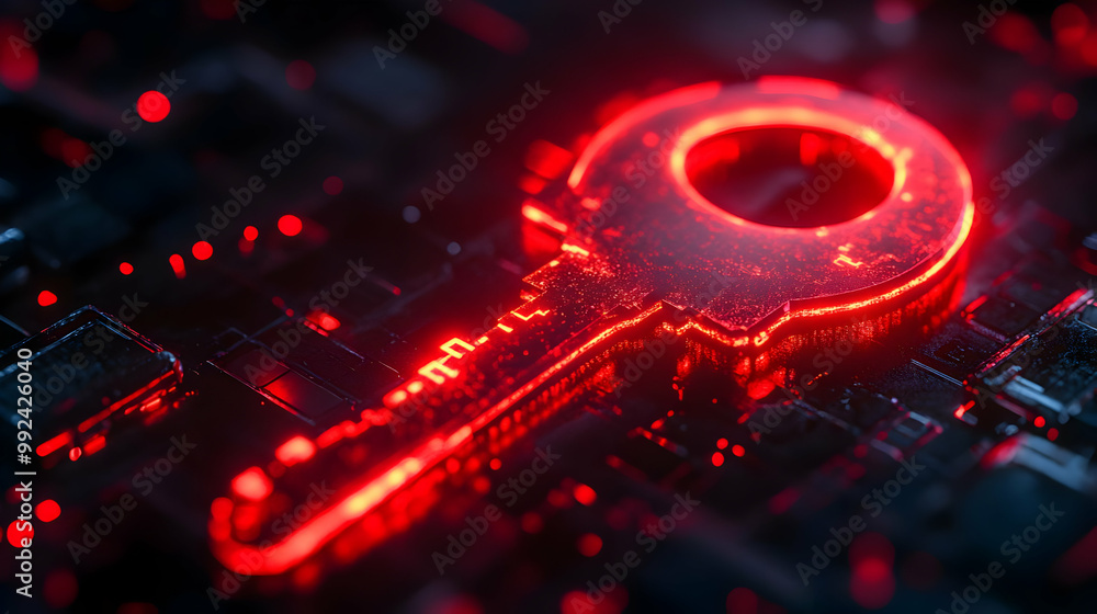 Aufkleber a glowing red key symbol against a dark circuit board background, representing digital security and 