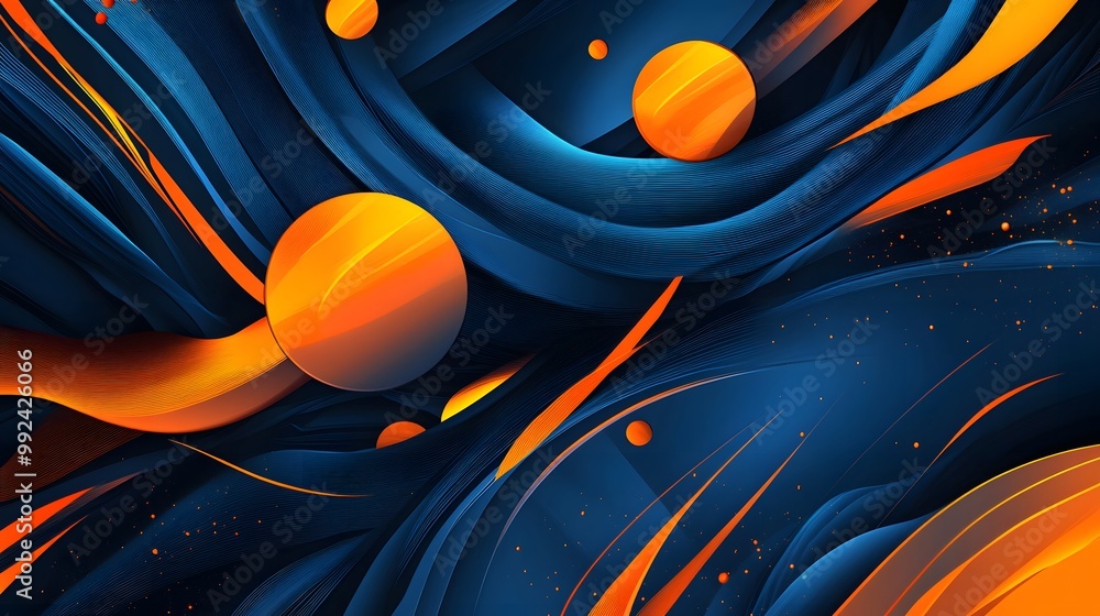 Poster global minimal geometric background. dynamic blue shapes composition with orange lines. abstract bac