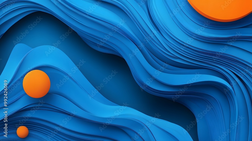 Poster global minimal geometric background. dynamic blue shapes composition with orange lines. abstract bac