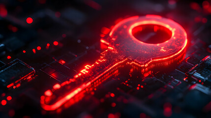 A glowing red key symbol against a dark circuit board background, representing digital security and encryption.