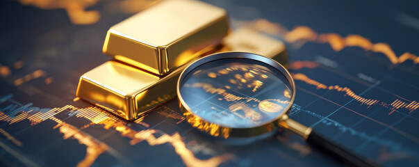 Gold bars and magnifying glass on stock chart