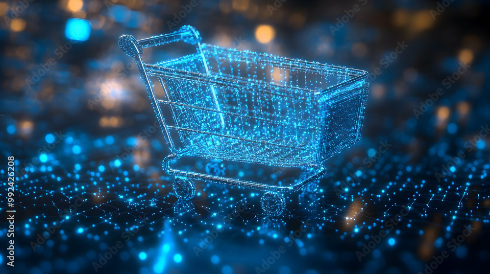 Poster digital shopping cart graphic on a glowing data network background, representing online commerce and
