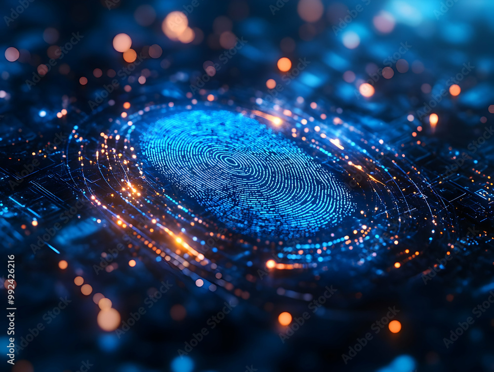 Poster abstract digital fingerprint illustration with lights on a dark background, representing identity an