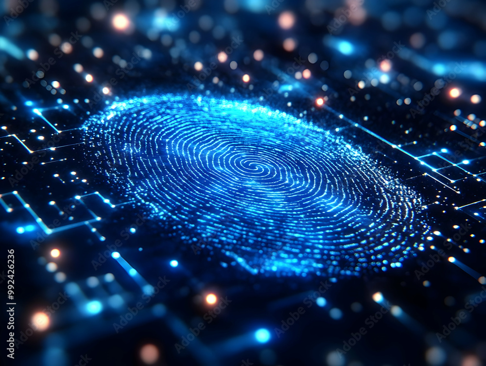 Poster digital fingerprint on a glowing circuit board background, representing security and technology conc