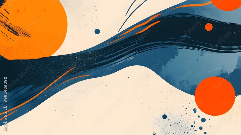Poster global minimal geometric background. dynamic blue shapes composition with orange lines. abstract bac