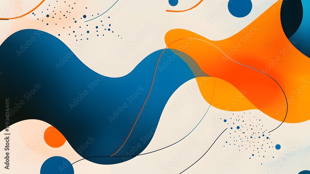 Poster global minimal geometric background. dynamic blue shapes composition with orange lines. abstract bac