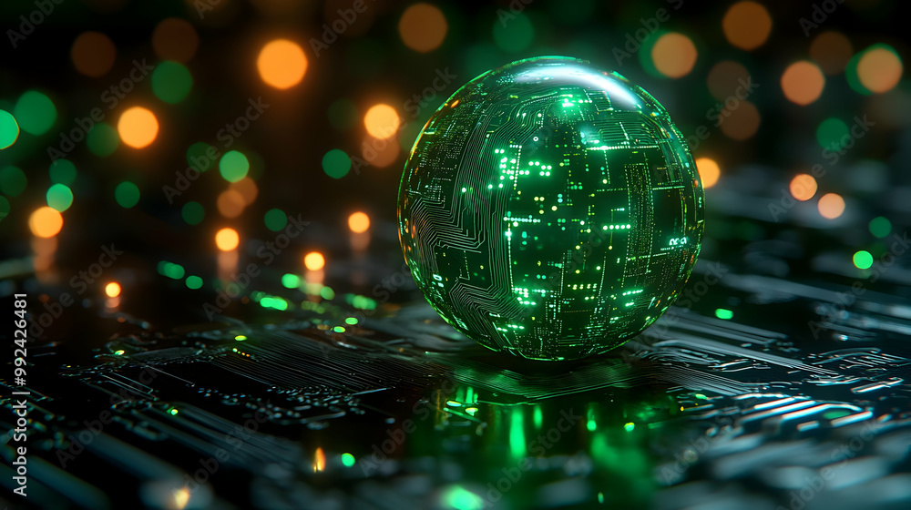 Poster a glowing green sphere with digital patterns, resting on a circuit board, surrounded by soft bokeh l
