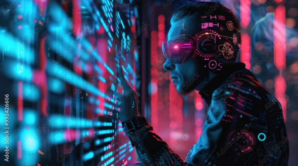Poster cyberpunk hacker looking at holographic screen with cybernetic glasses ai generated image