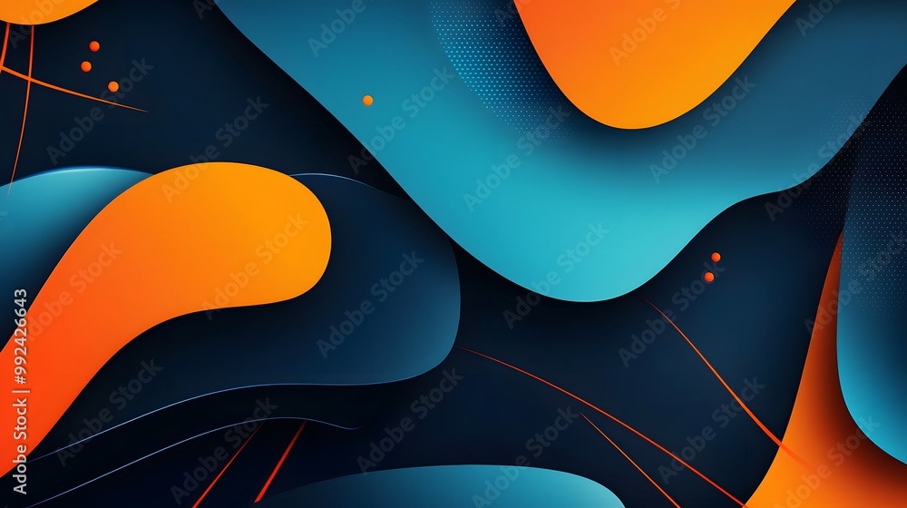 Poster global minimal geometric background. dynamic blue shapes composition with orange lines. abstract bac
