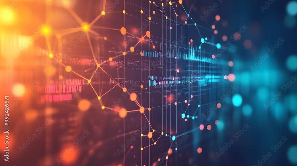 Poster abstract digital network with colorful nodes and lines