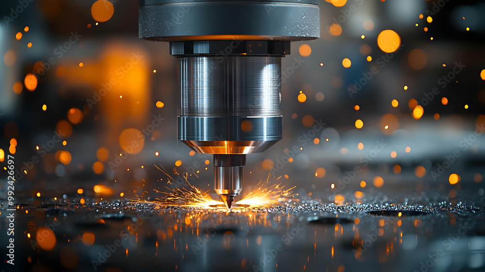 Poster close-up of a laser cutting machine in action, creating sparks while cutting through metal.