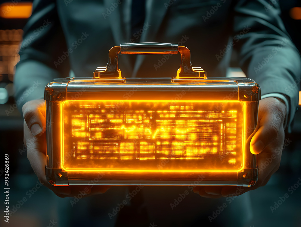 Poster a businessman presenting a glowing briefcase with digital data projections in a high-tech environmen