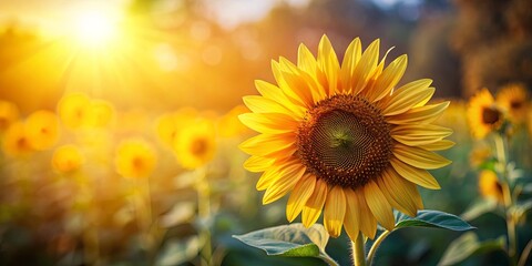 Obraz premium A vibrant sunflower bathed in the golden glow of a setting sun, its petals reaching towards the sky, surrounded by a field of its brethren, all basking in the warmth of the summer evening