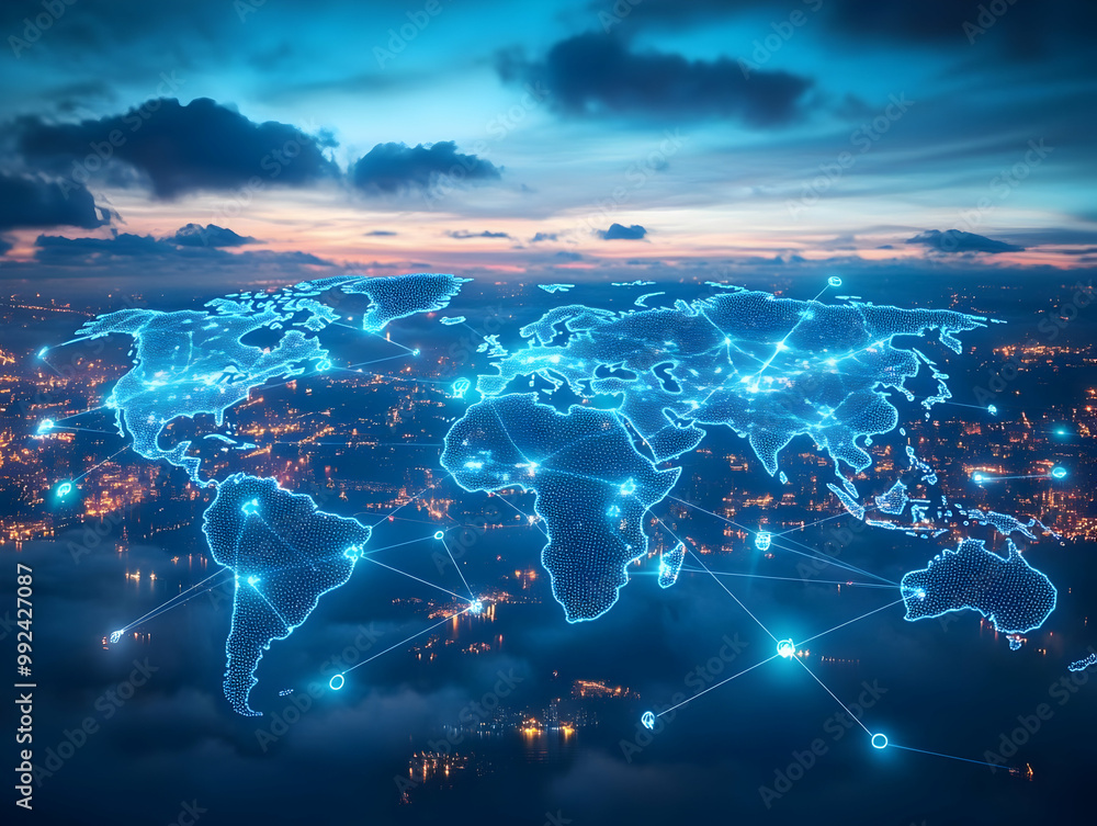 Poster digital world map connected with glowing lines, representing global network and communication on a d