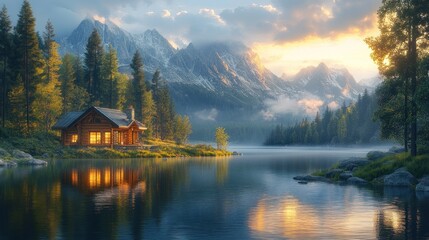 Obraz premium Serene lakeside cabin surrounded by mountains at sunset.