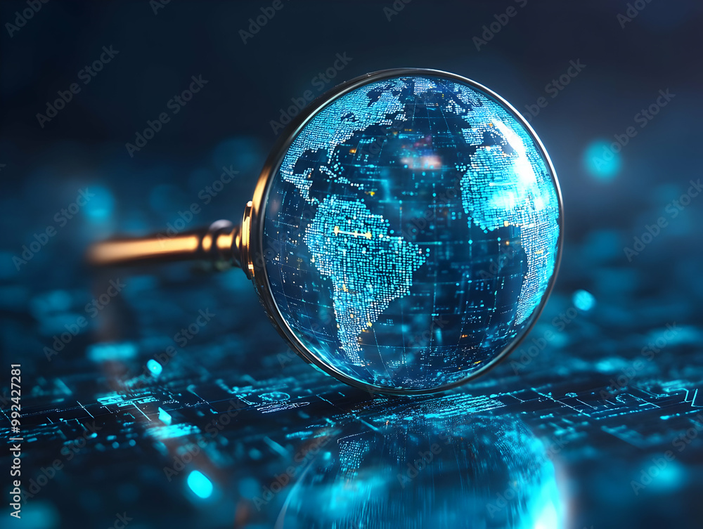 Poster futuristic globe with digital world map on a circuit board background, symbolizing technology and gl