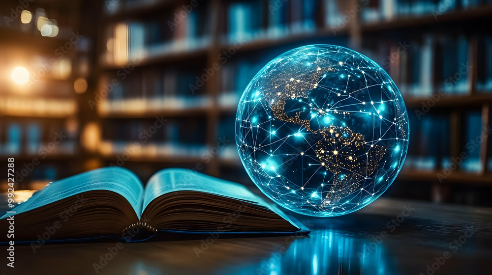 Poster a glowing globe over an open book, representing knowledge and connectivity in a library setting.
