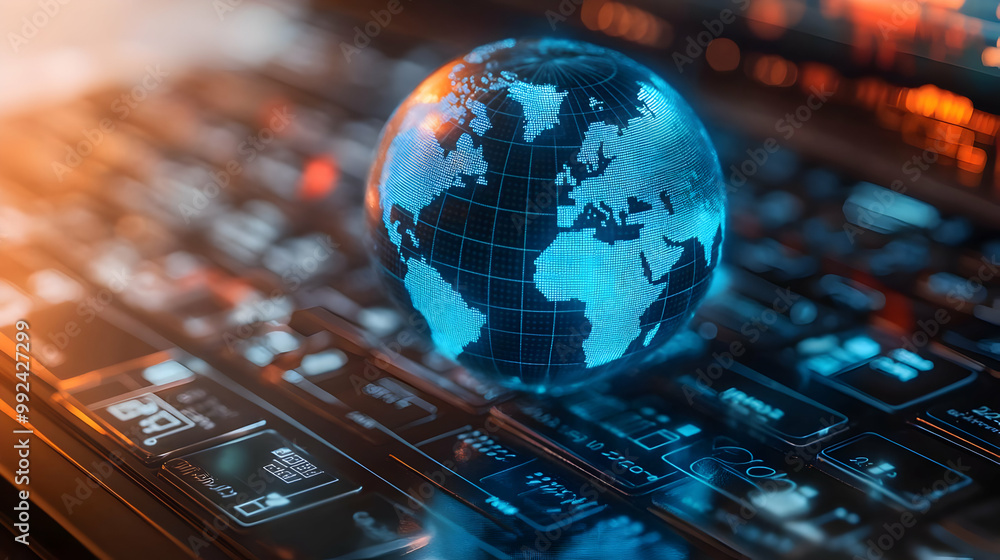 Poster digital globe on a keyboard, symbolizing global connectivity and technology innovation.