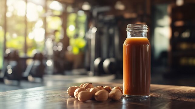 Refreshing tamarind juice served clear glass bottle placed wooden table gym gear blurred background highlighting tamarind hydrating revitalizing property after workout Scientific name Tamarindus