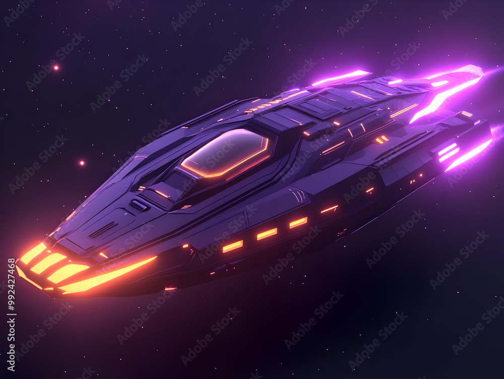Poster futuristic spaceship with glowing lights in deep space, showcasing advanced design and innovation.