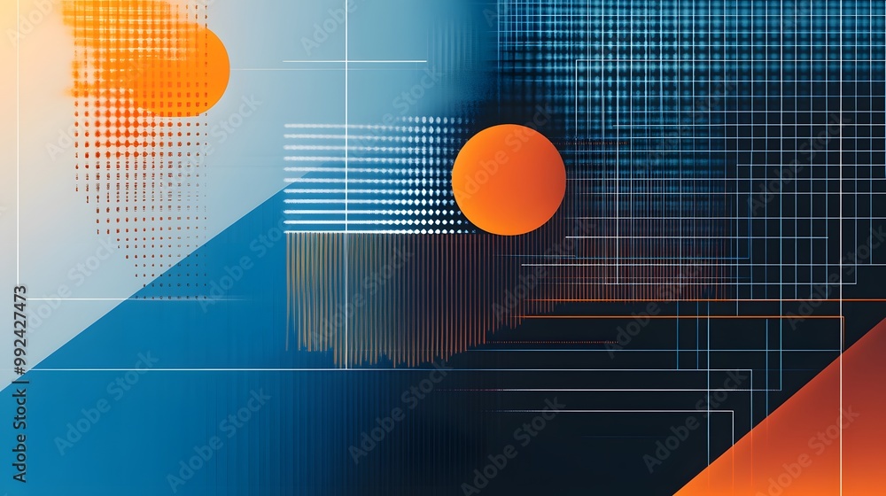 Aufkleber global minimal geometric background. dynamic blue shapes composition with orange lines. abstract bac