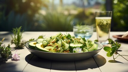 Refreshing vegan salad sliced pepino melon avocado quinoa served sunlit terrace herbal drink fitness magazine softly blurred background promoting fit healthconscious meal Scientific name Solanum