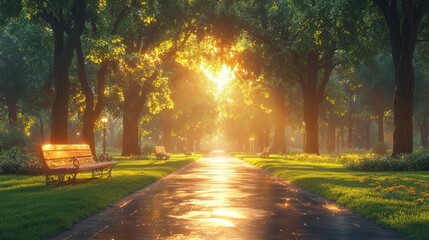 Obraz premium Serene park path illuminated by sunset through lush trees.