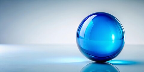 A single, vibrant blue glass orb resting on a smooth, reflective surface, casting a subtle blue glow