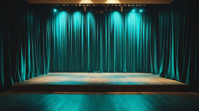 A minimalist vintage stage with polished wood flooring and ambient soft lighting, The curtains are deep teal with subtle golden accents