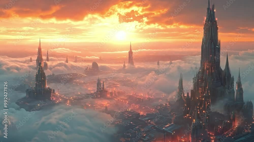 Poster the sun sets over an enchanting city with towering structures rising above a blanket of clouds, cast