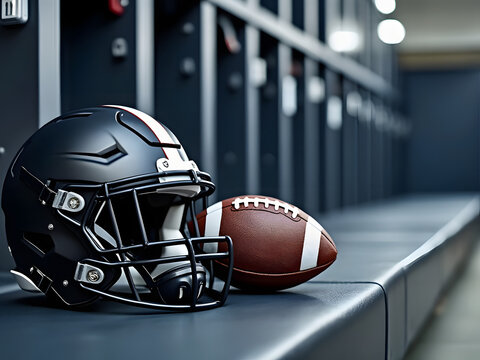 Football helmet and ball resting on a field locker during practice at a sports locker room facility in the late afternoon