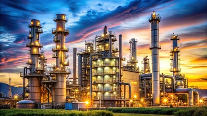 Petrochemical oil refinery factory plant with smokestacks and tanks, industrial, manufacturing, refinery, pollution, petrochemical