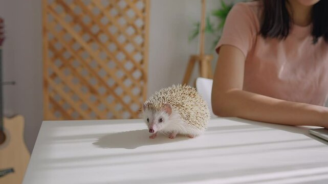 Close up of woman working from home with hedgehog pet in living room.