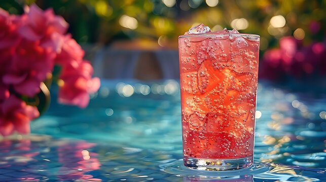 Refreshing yumberry ginger detox drink served frosted glass cup elegant outdoor spa colorful floral arrangement serene water feature softly blurred background promoting calming wellnessinspired drink