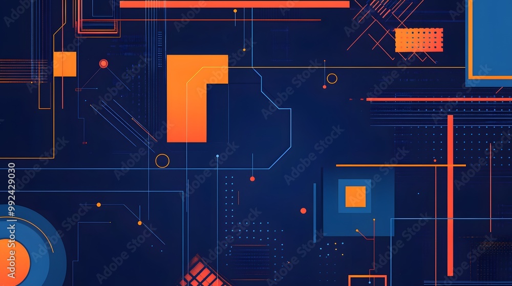 Poster global minimal geometric background. dynamic blue shapes composition with orange lines. abstract bac