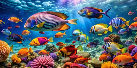 Fototapeta premium Colorful Clipart of Tropical Fish in Vibrant Ocean Waters for Creative Design and Artwork Projects